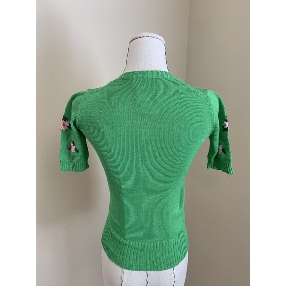Vintage 70s Right Bank Green Floral Embroidery Cotton Sweater Knit Dittos Italy - Picture 3 of 10